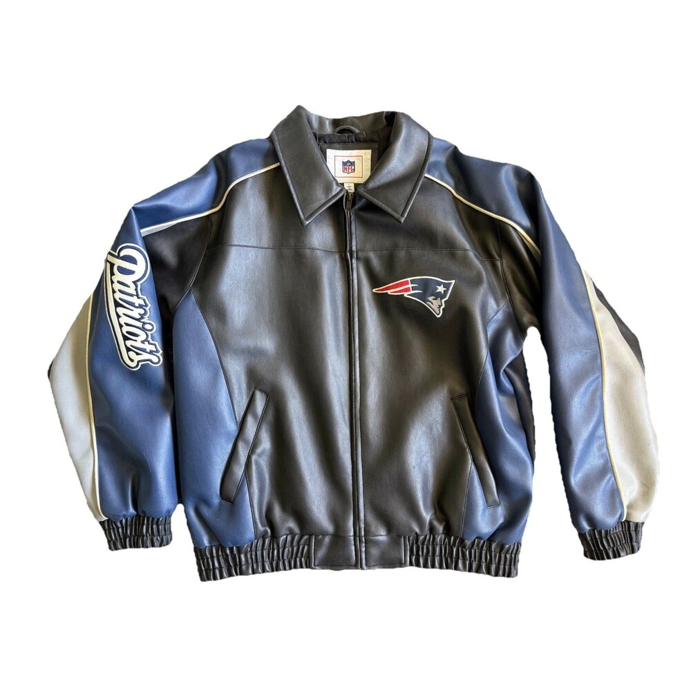 Vintage NFL New England Patriots Faux Leather Jacket Embroidered Logo Mens L